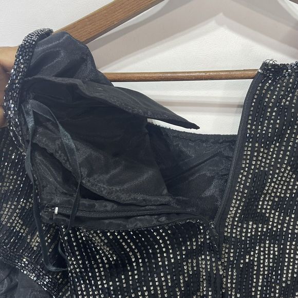 Vintage Dress Gown Midi Black Beaded Silk Evening Party Size M 90's 80's - Picture 15 of 16